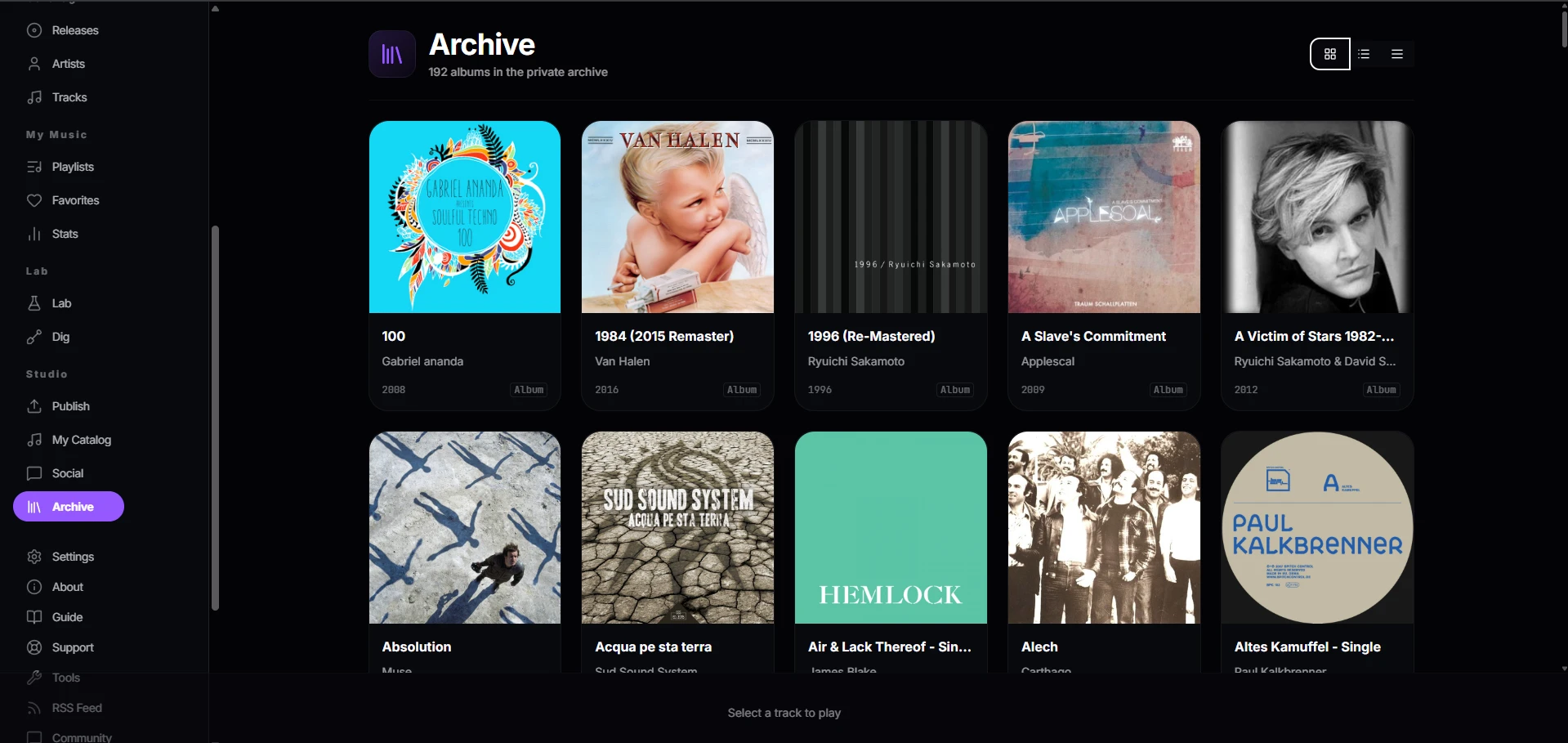 Private archive showing 192 personal albums from various artists including Van Halen and Ryuichi Sakamoto