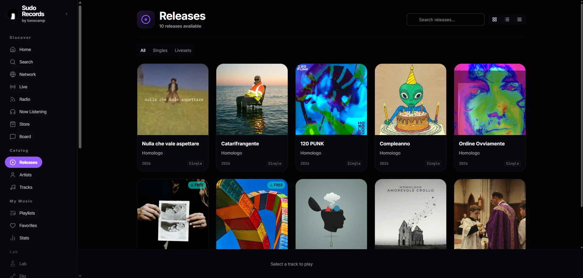 Releases page with album artwork grid and filter tabs for Singles, Albums, Livesets
